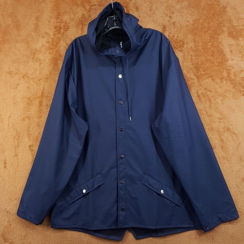 RAINS Jacket Large XL Blue Hooded Raincoat Essential Rain Coat Unisex